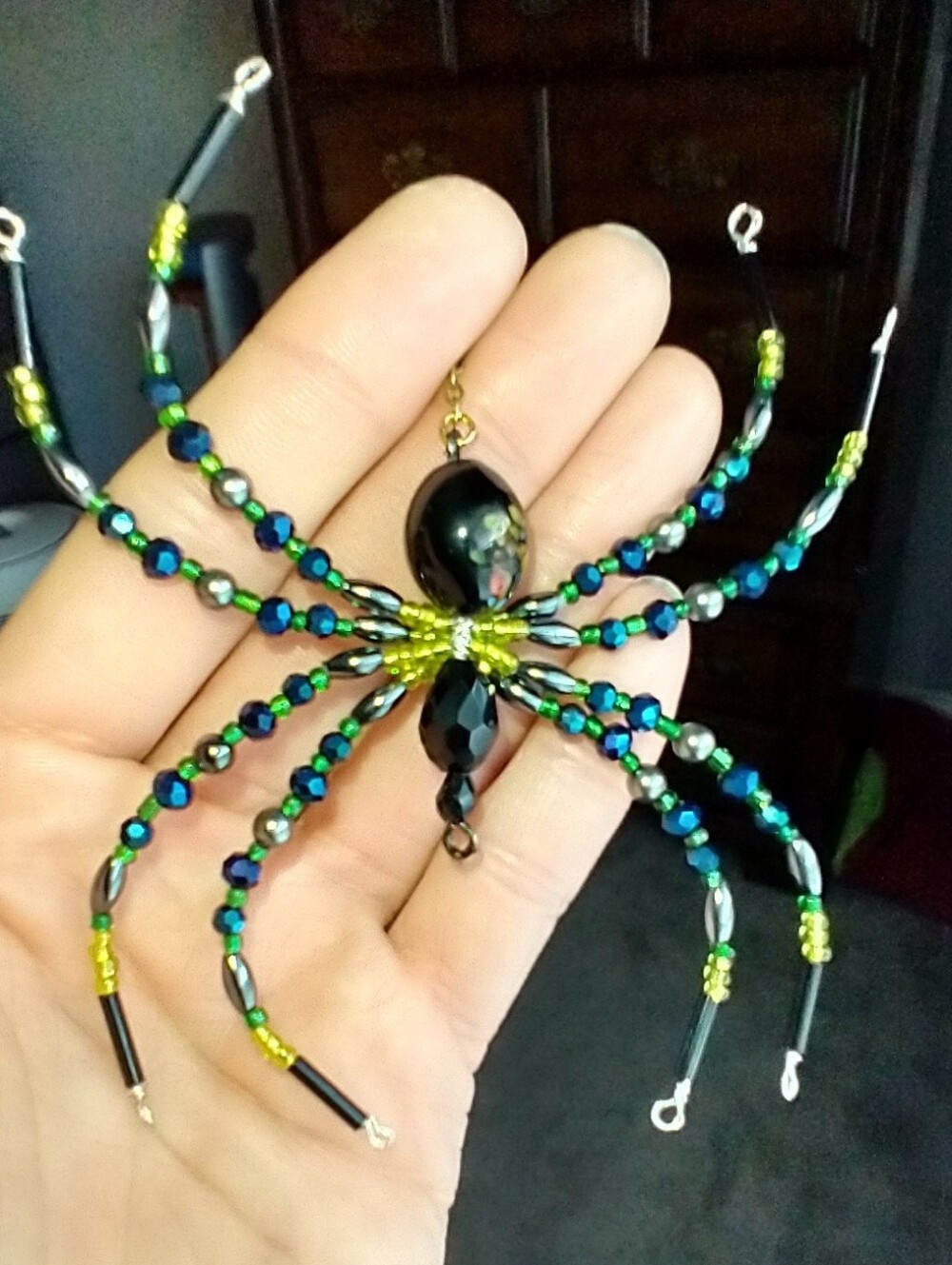 Handcrafted Black, Iridescent Blue, & Green Beaded Spider Pendant